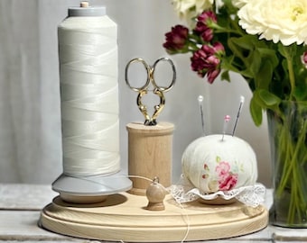 Wood Single Thread Holder: Seamstress Sewing Station with Pincushion