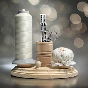 Wood Sewing Thread Holder with Pincushion & Scissor Holder