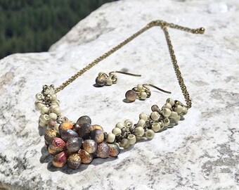 Knitted Beaded Statement Necklace with Gold Chain and Earrings