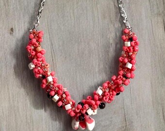 Knitted Beaded Statement Necklace: Coral, White, and Wood with Silver Chain