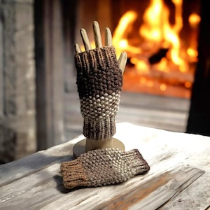 Hand Knitted Fingerless Mittens: Brown & White Acrylic Wrist Warmers