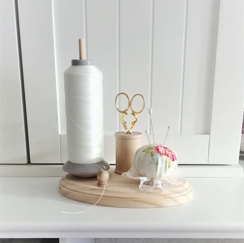 5 x 7 Wooden Thread Holder with Pincushion and Scissor Holder Red Rose Oval Wood Base Spool Holder