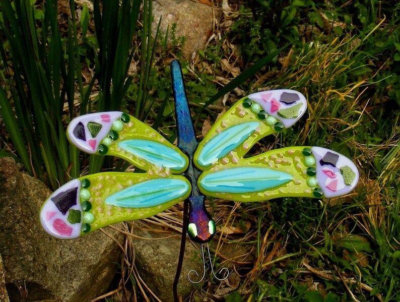 Kirks Glass Art Fused Stained Glass Dragonfly Garden Stake Etsy