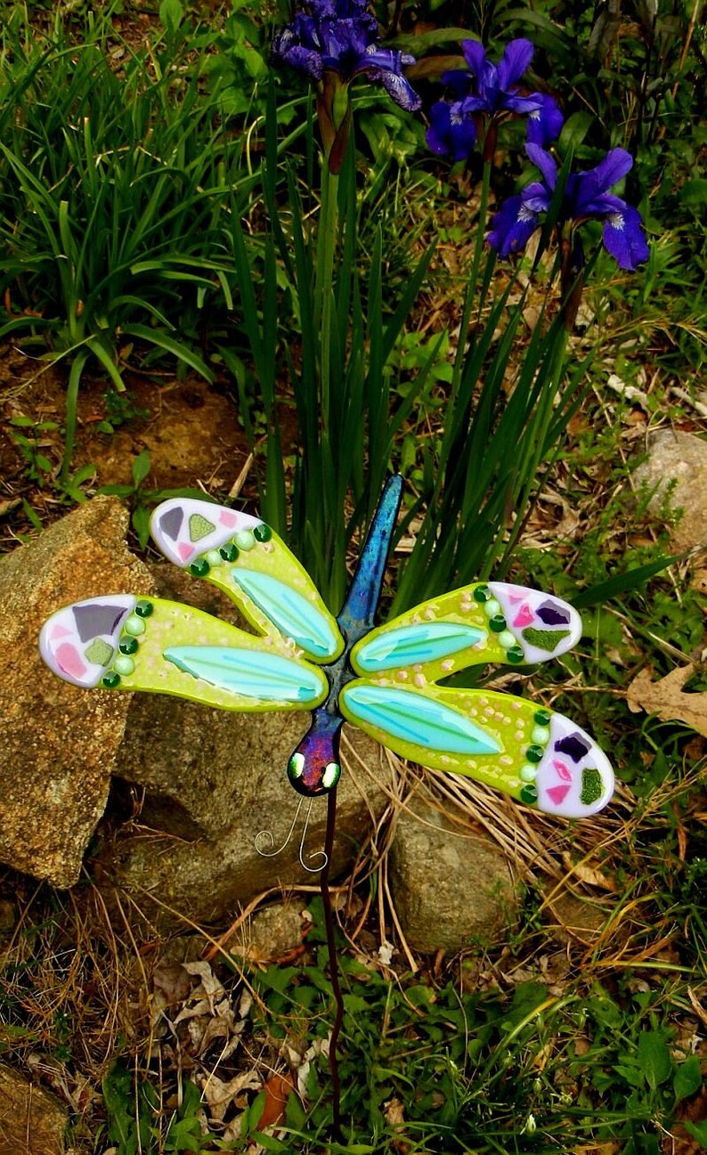 Kirks Glass Art Fused Stained Glass Dragonfly Garden Stake Etsy