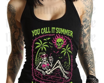 Summer Suffering Tank Top spooky Skeleton girl  in floaty halloween in july creepy cute summer goth  spooky summerween shirt