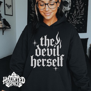 The Devil Herself Shirt Funny Spooky Goth Shirt Black and White alt tee creepy cute goth shirt sarcastic goth hoodie Devil shirt image 3