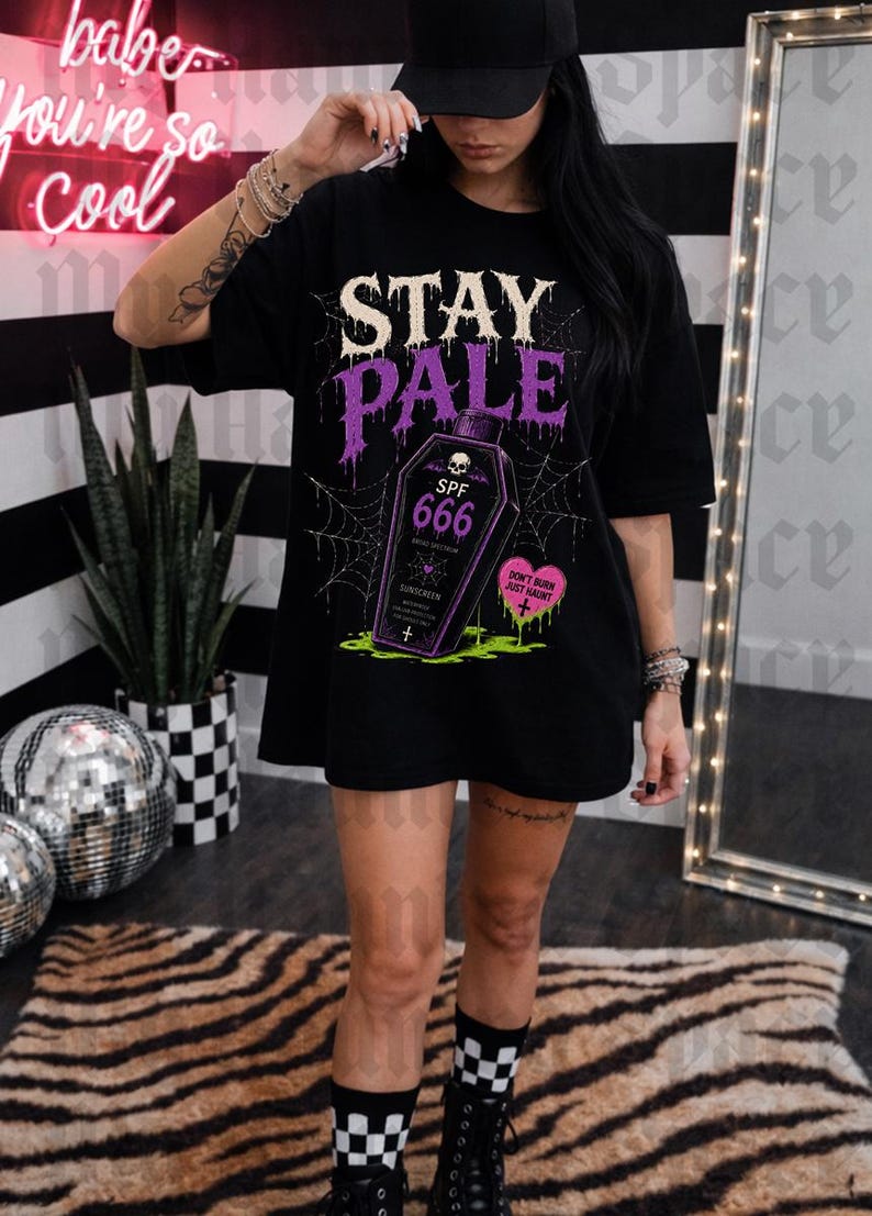 Stay Pale Shirt Spooky halloween Goth Summer Tee Summerween shirt, Funny Goth Shirt, Beach Goth, Goth Beachwear, Alt Summer Shirt image 2