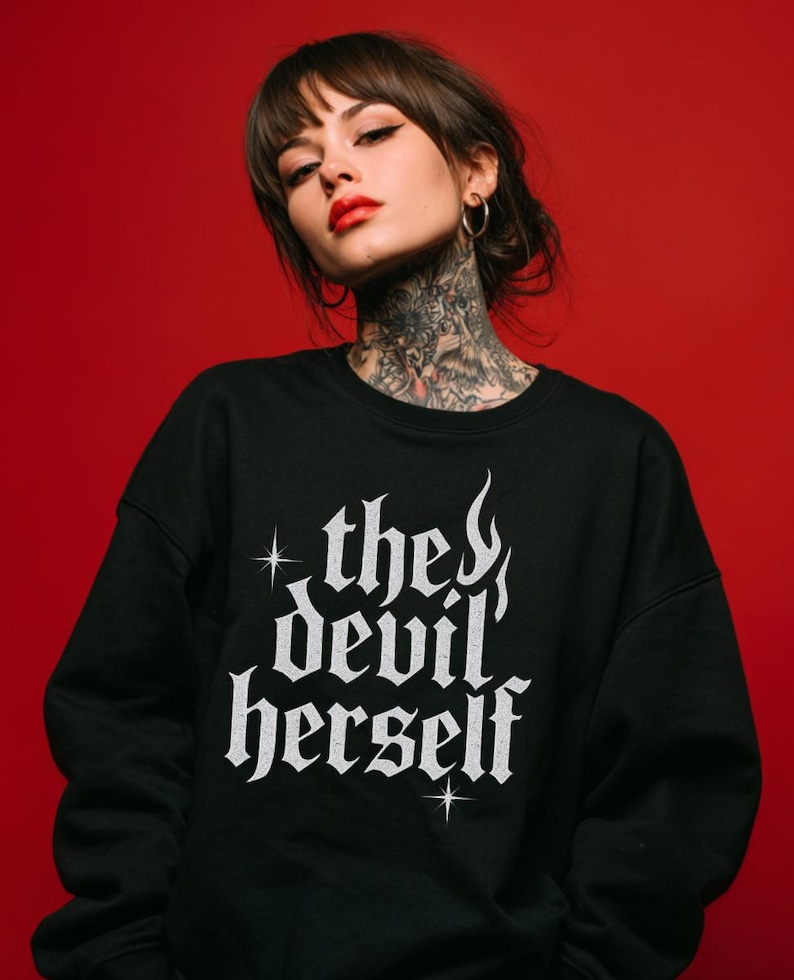 The Devil Herself Shirt Funny Spooky Goth Shirt Black and White alt tee creepy cute goth shirt sarcastic goth hoodie Devil shirt image 2