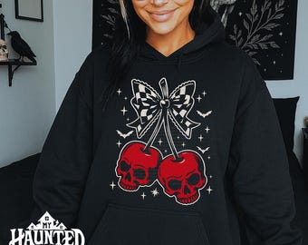 Bluza z kapturem Skull Cherries, koszula Skull Cherry, bluza gotycka, Cherry Coquette, retro kratka wiśni, koszula w kratkę z kokardą