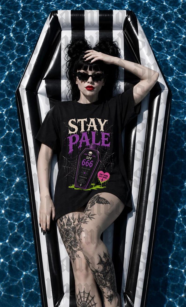 Stay Pale Shirt Spooky halloween Goth Summer Tee Summerween shirt, Funny Goth Shirt, Beach Goth, Goth Beachwear, Alt Summer Shirt image 1
