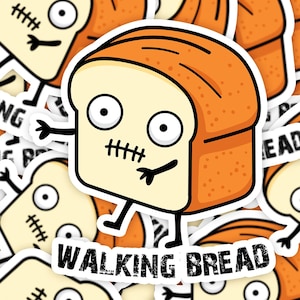 Puede incluir: Una pegatina con una rebanada de pan de dibujos animados con cara, brazos y piernas. El pan tiene una boca cosida y ojos grandes. El texto "WALKING BREAD" está debajo.
