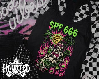 SPF 666 Tank Top spooky Skeleton girl halloween in july creepy cute summer goth coffin floaty t spooky summer shirt 666