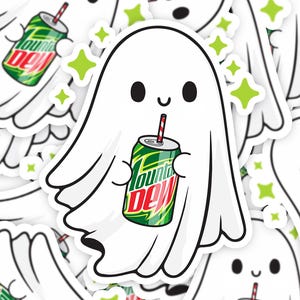 May include: A white ghost sticker holding a Mountain Dew can with a red and white striped straw. The can is green, red, and white. Green starbursts surround the ghost. The ghost has a smiling face.