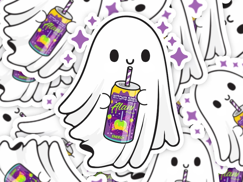 May include: A white ghost sticker holding a can of "Witch's Brew Alani Energy" drink with a purple and green design. The sticker has a white border and purple star accents. The ghost has a smiling face and a purple and white striped straw.