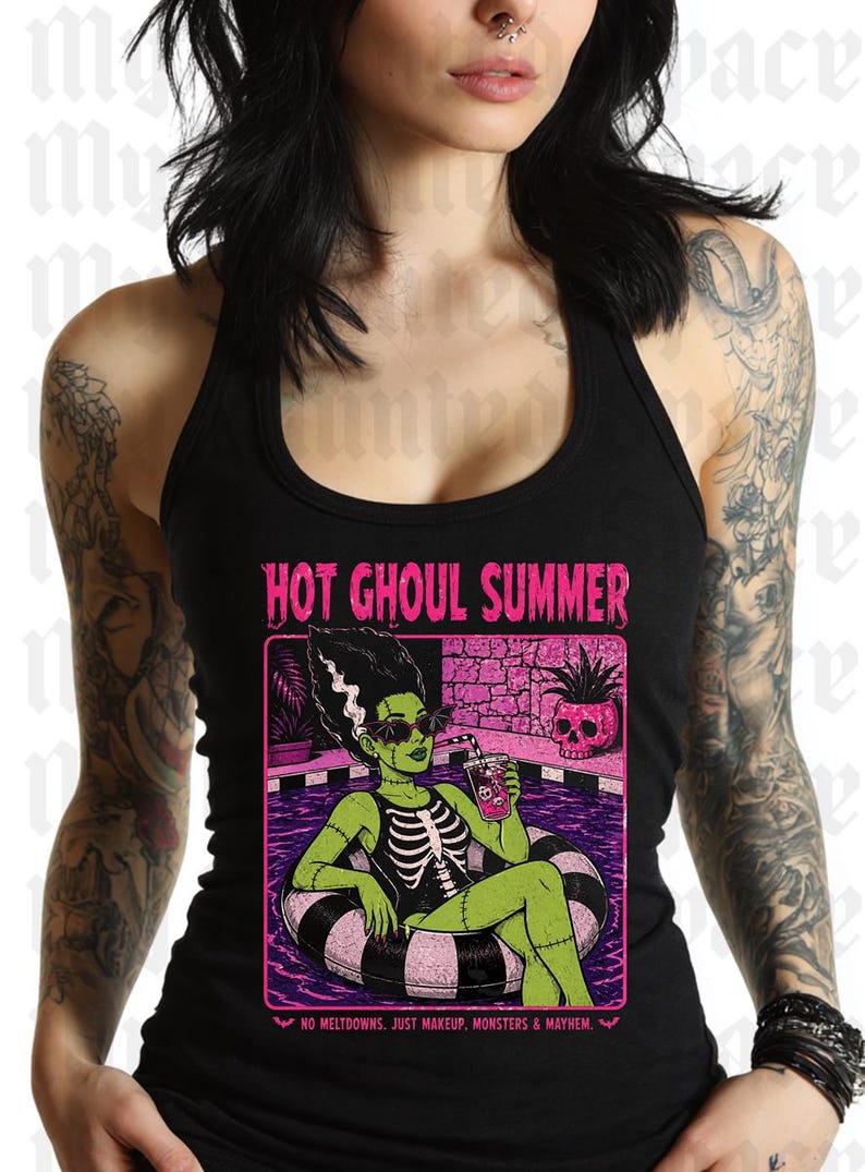 May include: Black tank top with a graphic featuring a green monster in a pool float, sunglasses, and the text "HOT GHOUL SUMMER". The design includes a skull and the phrase "NO MELTDOWNS. JUST MAKEUP, MONSTERS & MAYHEM."