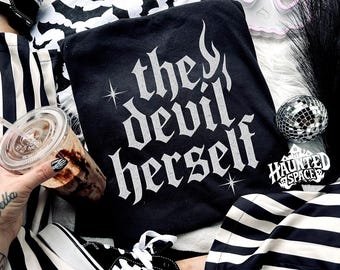 The Devil Herself Shirt Funny Spooky Goth Shirt Black and White alt tee creepy cute goth shirt sarcastic goth hoodie Devil shirt