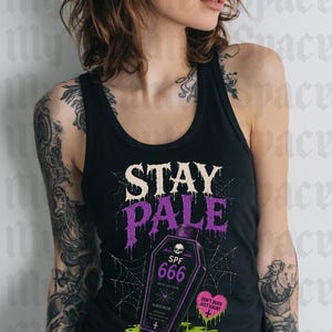 Stay Pale Shirt Spooky halloween Goth Summer Tee Summerween shirt, Funny Goth Shirt, Beach Goth, Goth Beachwear, Alt Summer Shirt image 3