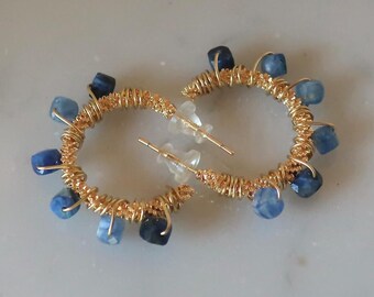 Blue Kyanite Wire Wrapped Hoop Earrings, Gold Beaded Hoops, September Birthstone Jewelry, Square Faceted Gem Dangle Hoops, Gift for Her