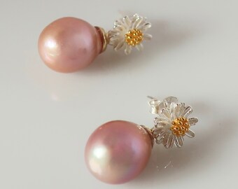 Large Metallic Purple Pink Teardrop Edison Pearl Earrings Gold Vermeil Sterling Silver Flower Posts
