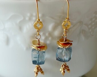 Blue Mystic Quartz Earrings, 18k Gold Vermeil Mini Spike Drops, Square Cut Gemstone Earrings, Earrings for Mom