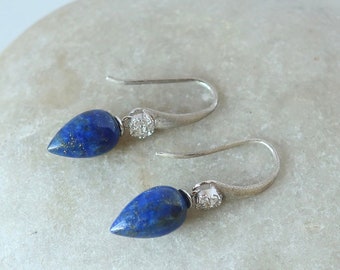 Lapis Lazuli Matte  Sterling Silver CZ Earrings Inverted Acorn Lapis Earrings