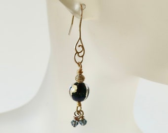 Murano Glass Black 24k Gold Foil Earrings Venetian Glass Drop Earrings Gray Gold Black Earrings