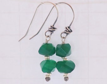 Green Onyx Sterling Earrings Green Gem Silver Dangles May Birthday Long Green Earrings St. Patrick's Day
