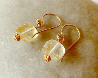 Gold Foil Quartz Gemstone Earring, 24k Vermeil Dangles,  24k Gold Foil Quartz Doublet