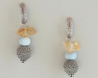 Natural Opaque Blue Opal Earrings with Yellow Citrine Gemstones and Sterling Silver Resort Jewelry