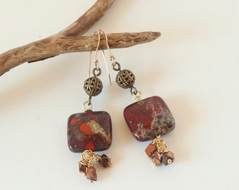 Square Jasper Earrings Natural Red Brown Jasper Brass Dangling Earrings with Copper Crystals