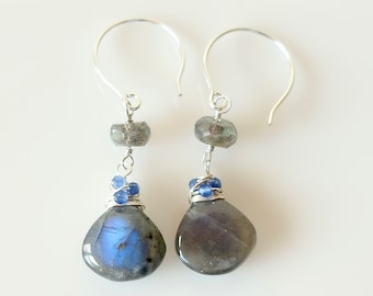 Labradorite Gemstone Earrings Wire Wrapped Blue Quartz Sterling Silver Labradorite Blue Flash Teardrops