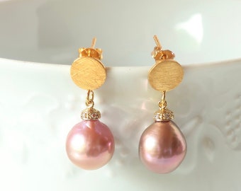 Edison Pearl Earrings Natural Color High Luster Large Pearl on Textured Gold Vermeil Posts