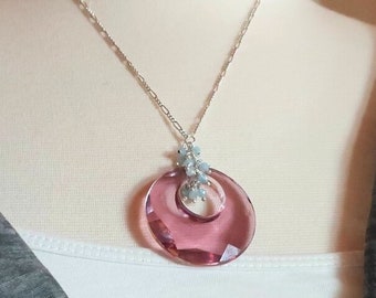 Purple Pendant Necklαce, Delicate Sterling Silver Chain, Faceted Round Crystal Donut, Genuine Aquamarine Dangles, Gift for Mom, Purple Lover