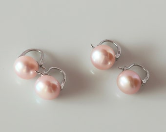 Pink Pearl Leverback  Sterling Silver Earrings Blush Pink Bridesmaid Dangles