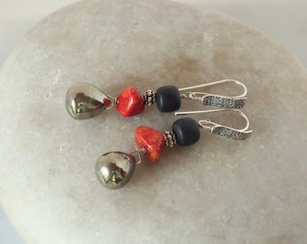 Pyrite Drop Dangle Earrings Geometric Pyrite Earrings Black Red Silver Dangling