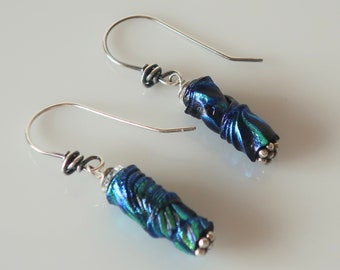 Blue Dichroic Glass Earrings Metallic Fused Glass Blue Dangles Iridescent Blue Greek Earrings