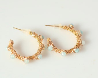 Genuine Aquamarine Wire Wrapped Hoop Earrings Gold Vermeil Gemstone Hoops