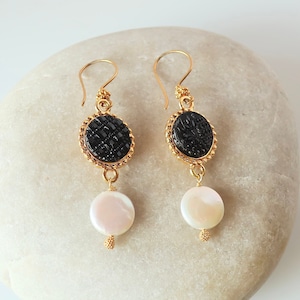 Repurposed Button Earrings, Black Victorian Mourning Buttons, Antique Black Glass Dangles with Pearls