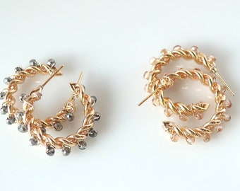 Thick Gold Twisted Wire Hoops with Champagne and Black Diamond Crystals Bead Wrapped Hoops