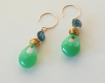Green and Blue Gemstone Dangles Chrysoprase and London Blue Topaz Earrings Statement Earrings