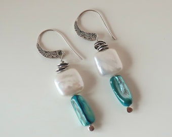 White Square Feshwater Pearl Earrings, Blue Mother of Pearl, Hammered Sterling Silver Pearl Dangles, Aqua Blue and White Gift ,June Birthday