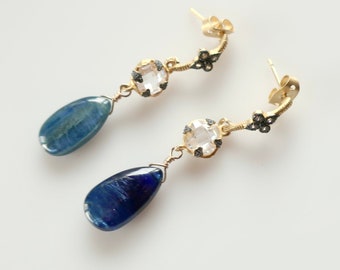 Genuine Dark Blue Kyanite Earrings 24k Gold Vermeil Dangle Posts Clear Crystal with Oxidized Sterling