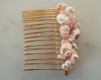 Pale Pink Pearl and Fine Crystal Bridal Comb Hand Wrapped Wire Blush Pink Hair Pin