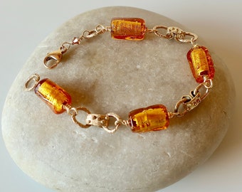 Gold Orange Genuine Murano Glass Bracelet Real Venetian Glass Bronze Bracelet