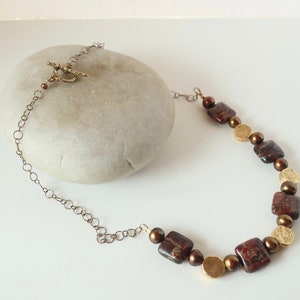 Square Red Brown Jasper Gold Necklace Red Jasper with Copper Pearls and Textured Flat Round Gold Beads Fall Color Jasper Jewelry image 1