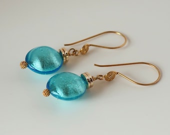 Aqua Murano Glass Disc Earrings, 24k Gold Vermeil Spiral Ear Wire Murano Glass Earrings, White Gold Foil Venetian Dangles, Gift for Mom