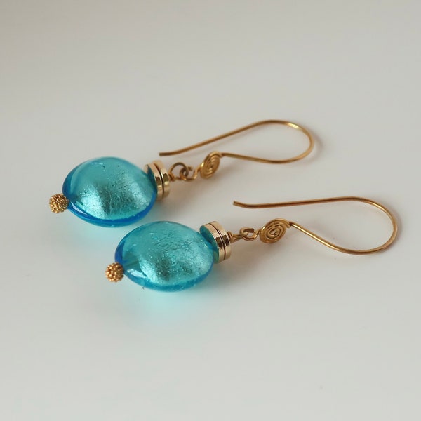 Aqua Murano Glass Disc Earrings, 24k Gold Vermeil Spiral Ear Wire Murano Glass Earrings, White Gold Foil Venetian Dangles, Gift for Mom