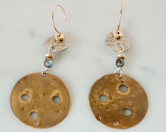 Brass Disc Boho Earrings Geometric Large Statement Hammered Brass Textured Dangle Drops