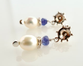 Tanzanite Pearl Sterling Silver Earrings White Pearl Purple Gemstone Flower Dangles