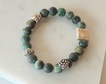 Matte African Turquoise Sterling Silver Stretch Bracelet Boho Turquoise Sterling Charms Layering Bracelet